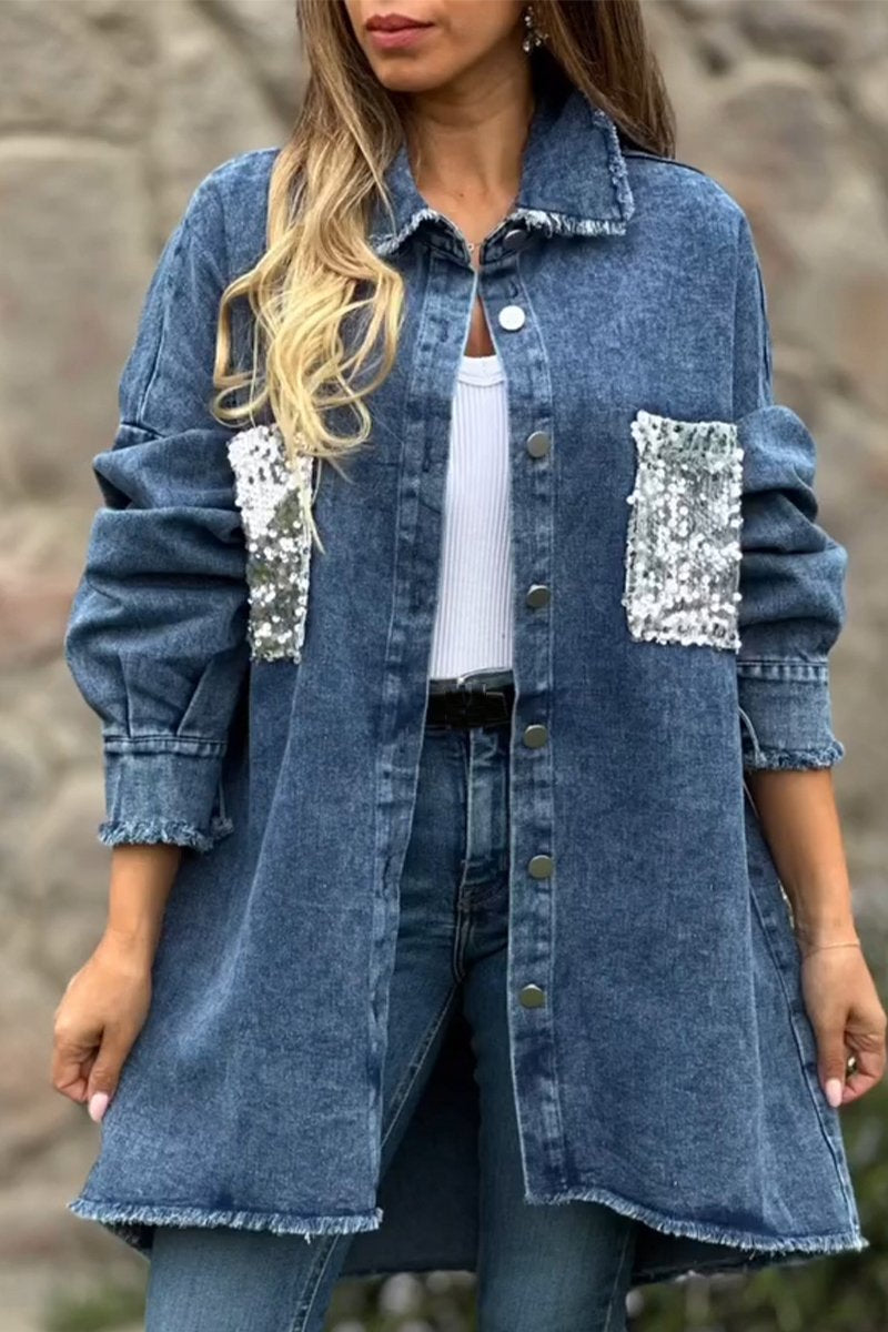 Women's Lapel Sequined Denim Coat