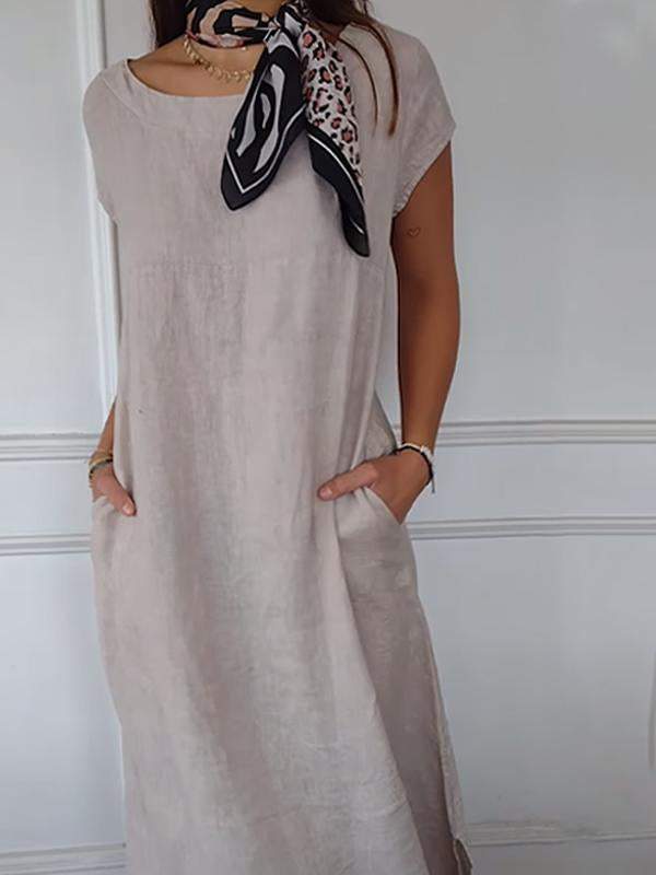 Women's Cotton and Linen Round Neck Solid Color Dress