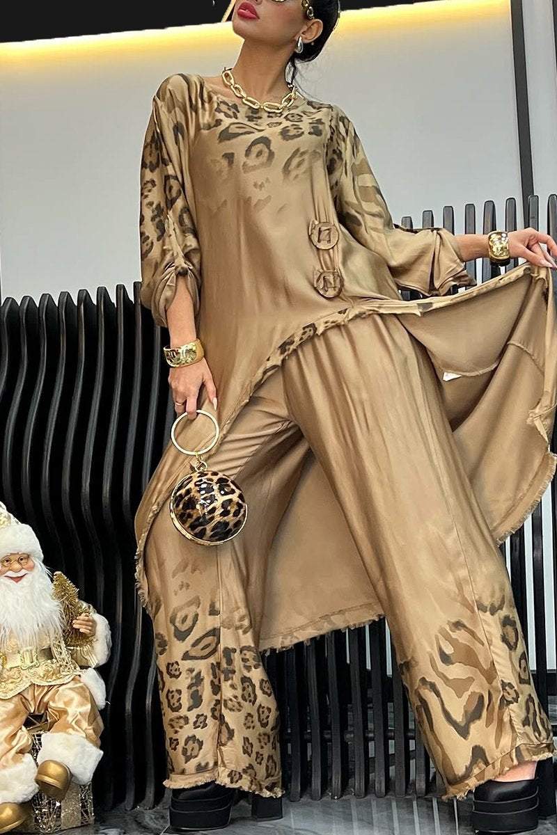 Women's Round Neck Leopard Gradient Print Casual Suit