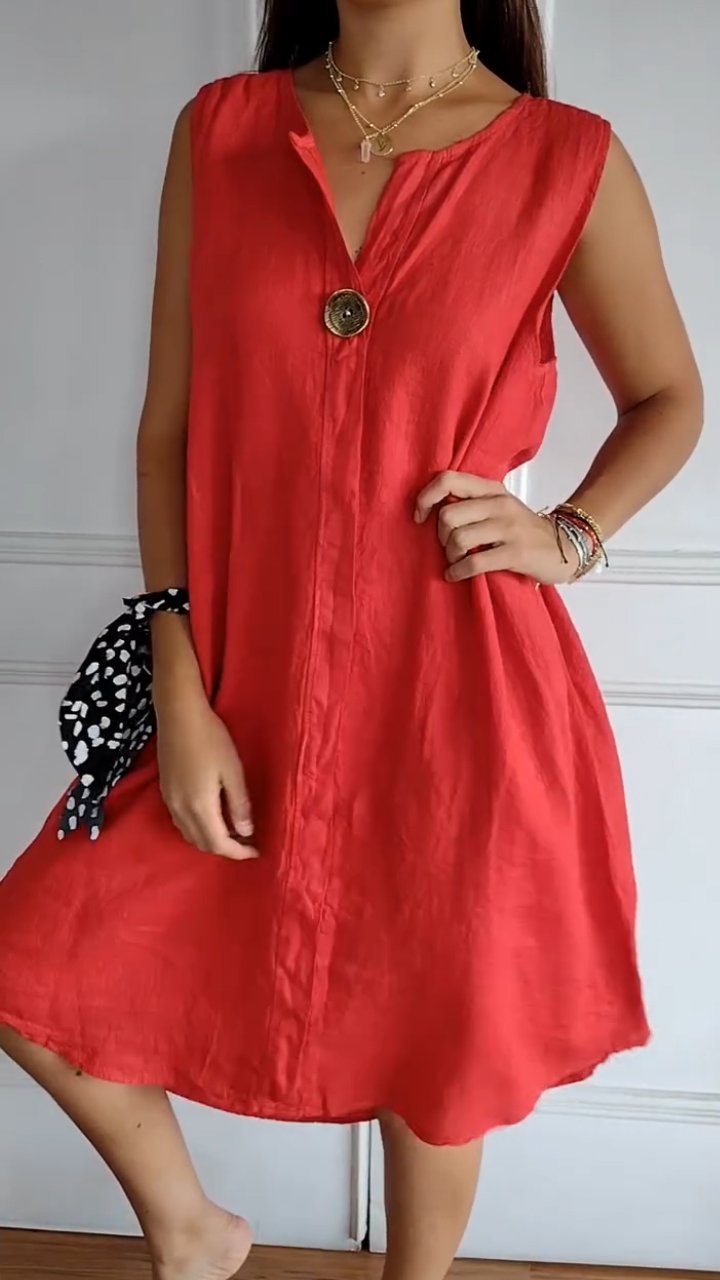 V-neck Sleeveless Cotton and Linen Dress