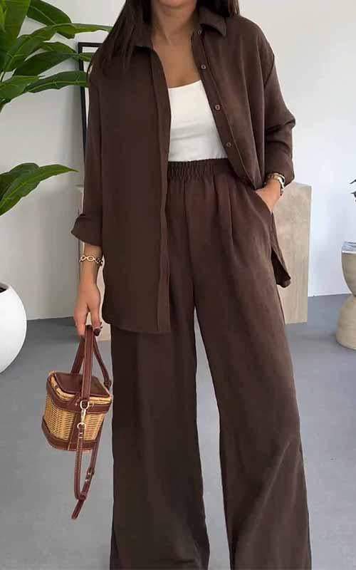 Women's Lapel Single Breasted Shirt Paired with Long Pants Two Piece Suit