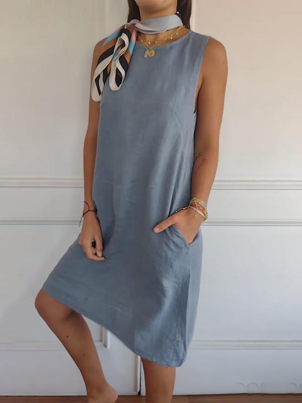 Women's Cotton and Linen Round Neck Solid Color Sleeveless Dress