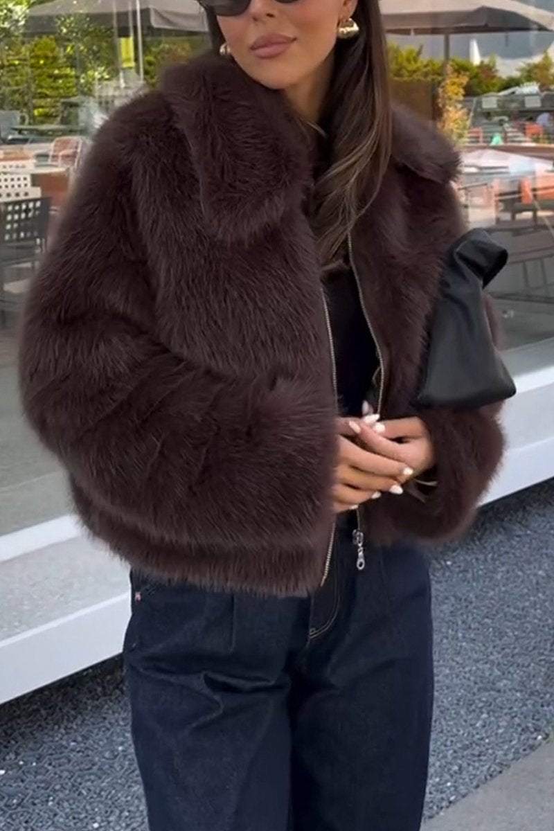 Women's Fashion Lapel Solid Color Faux Fur Winter Coat