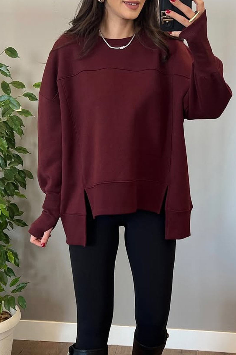 Women's casual round neck with slit hem sweatshirt