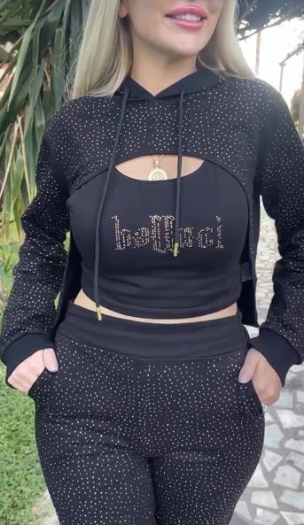 Women's Sequined Hoodie, Rhinestone Lettering Vest and Pants Three-Piece Set