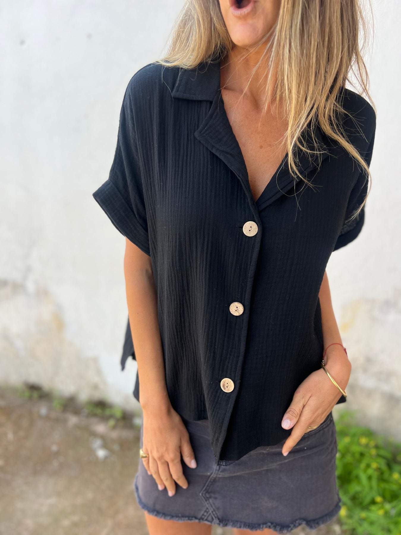 Casual Button-down Lapel Cotton Linen Short-sleeved Blouse