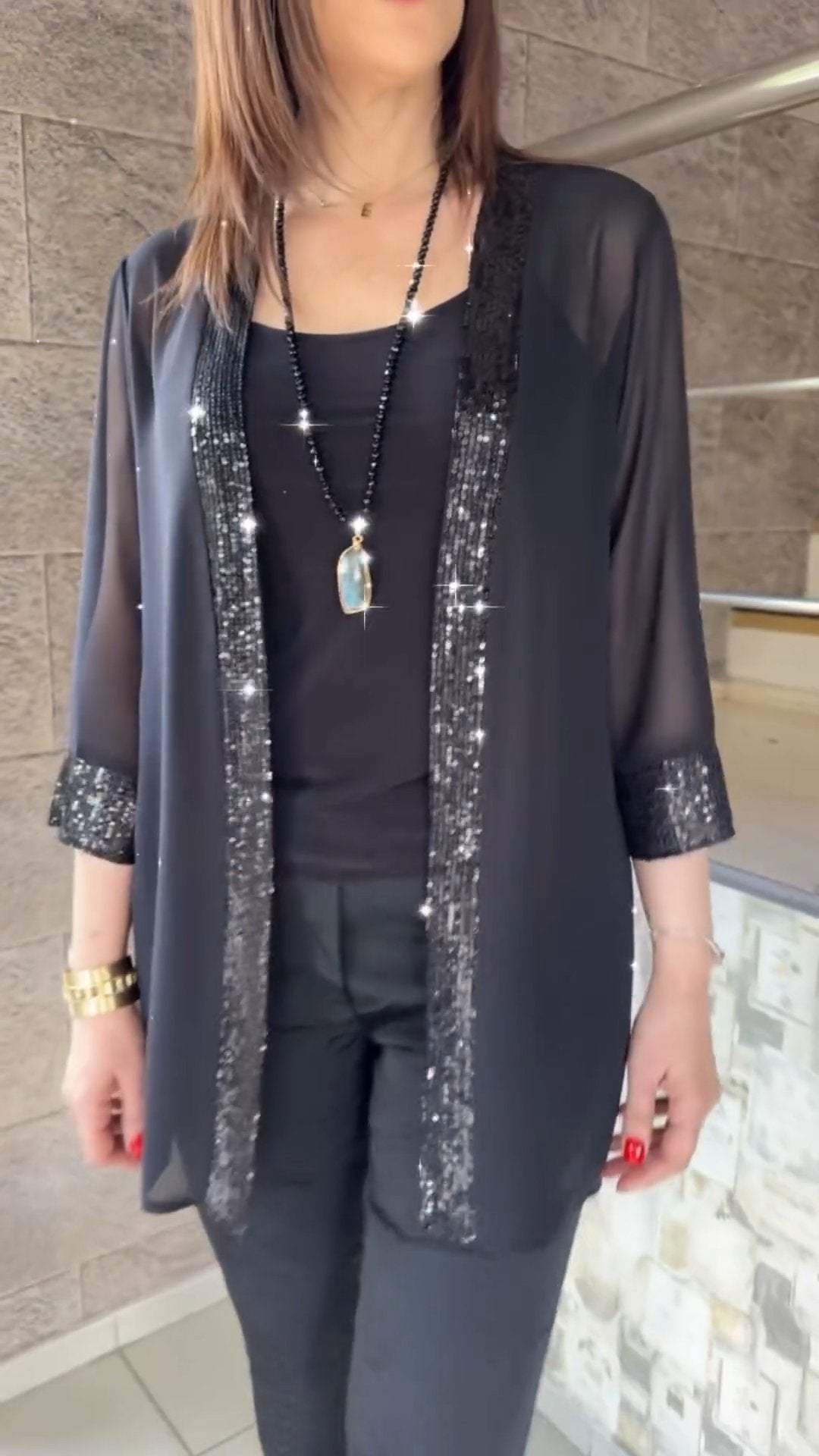 Chiffon solid color casual sequined cardigan