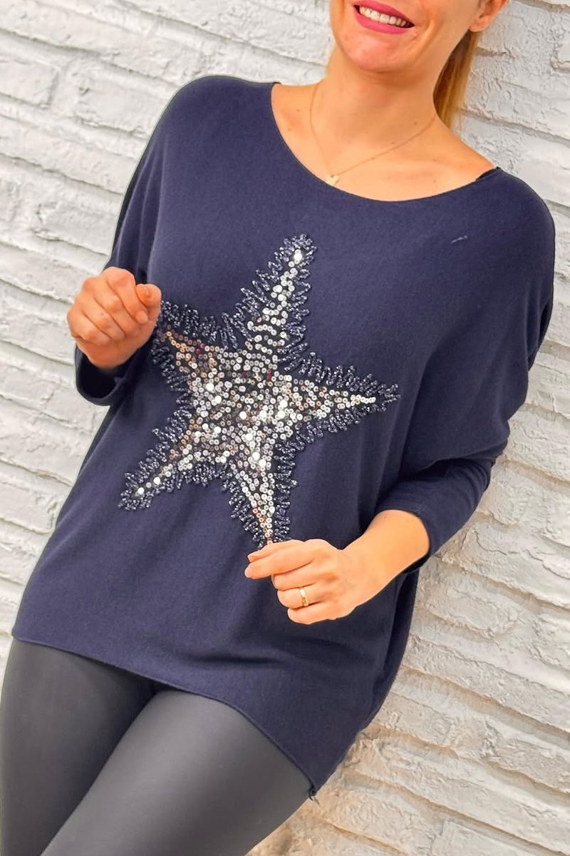 Women's casual with sequins and stars round neck T-shirt