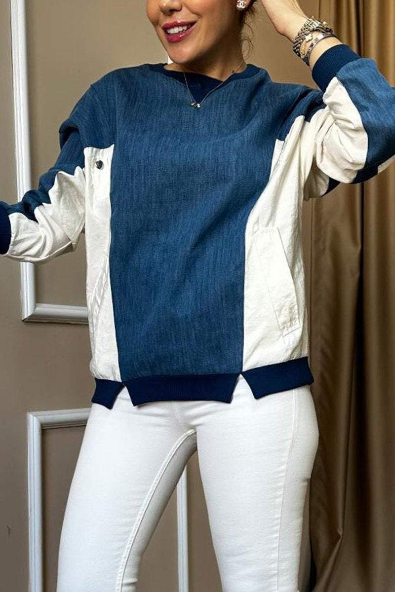 Women's Casual Contrast Patchwork Crew Neck Sweatshirt