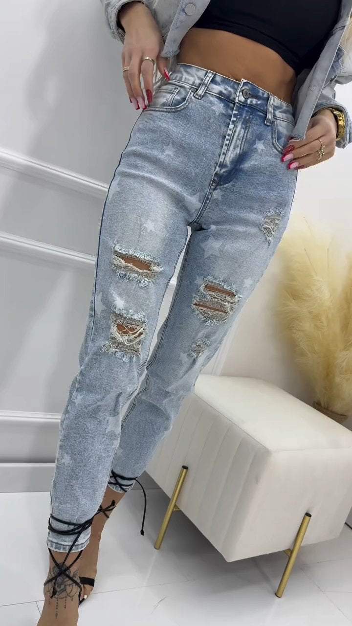 Women's Nine-point Ripped High Waist Jeans