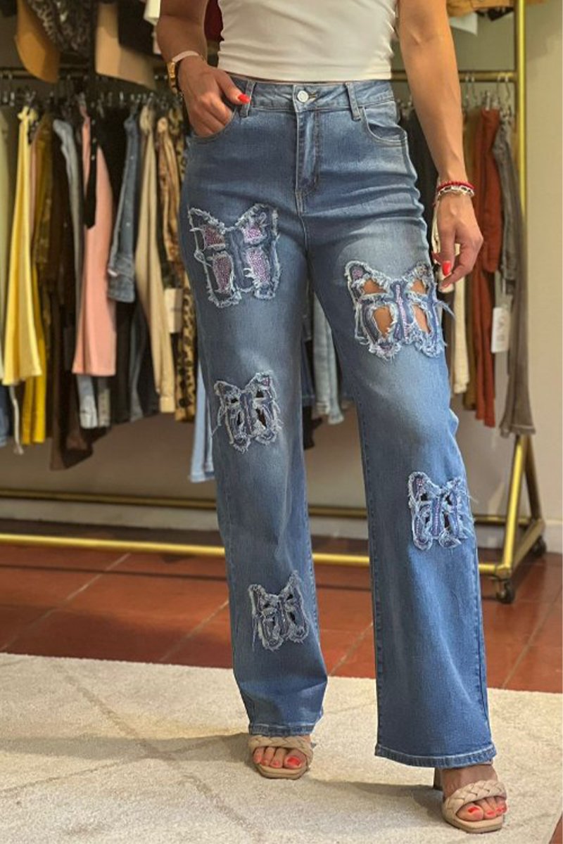 Women's Stylish Shiny Butterfly Straight Jeans