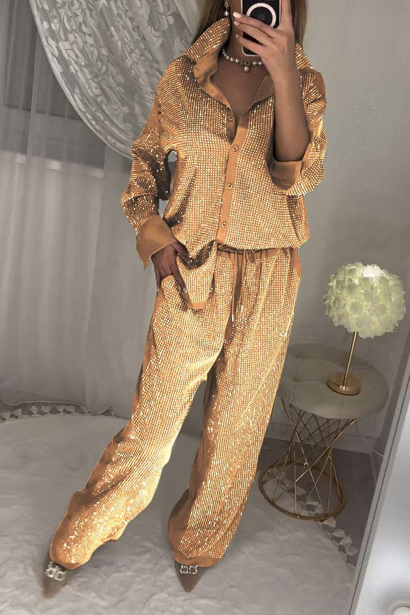 Women's stylish diamond-embellished top and pants two-piece set