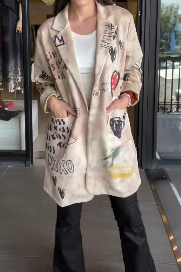 Women's Casual Heart Letter Print Mid-length Lapel Coat