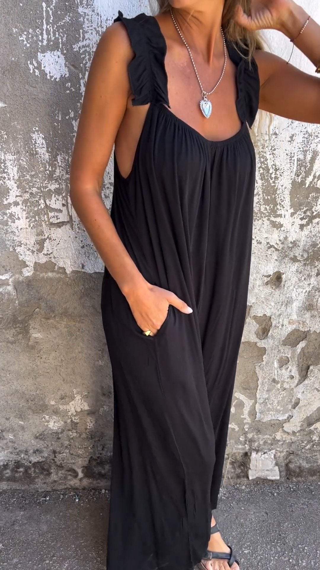 Solid Color V-neck Comfortable Jumpsuit