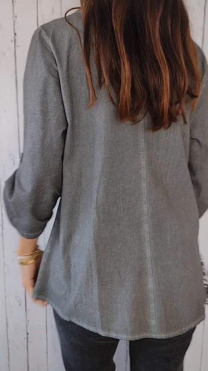 Round Neck Mid-sleeve Cotton and Linen Casual Top