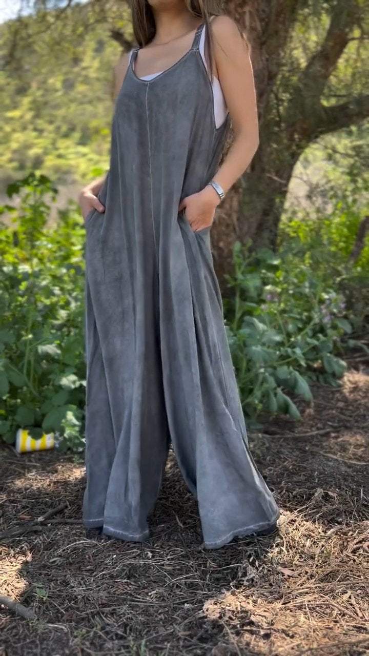 Distressed Washed V-neck Jumpsuit