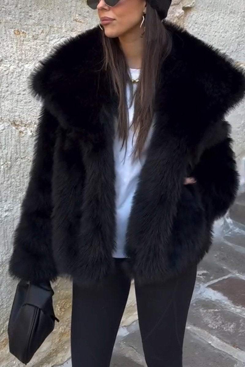 Women's Fashion Lapel Solid Color Faux Fur Winter Coat