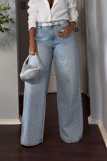 Women's Fashion High Waist Rhinestone Wide Leg Jeans