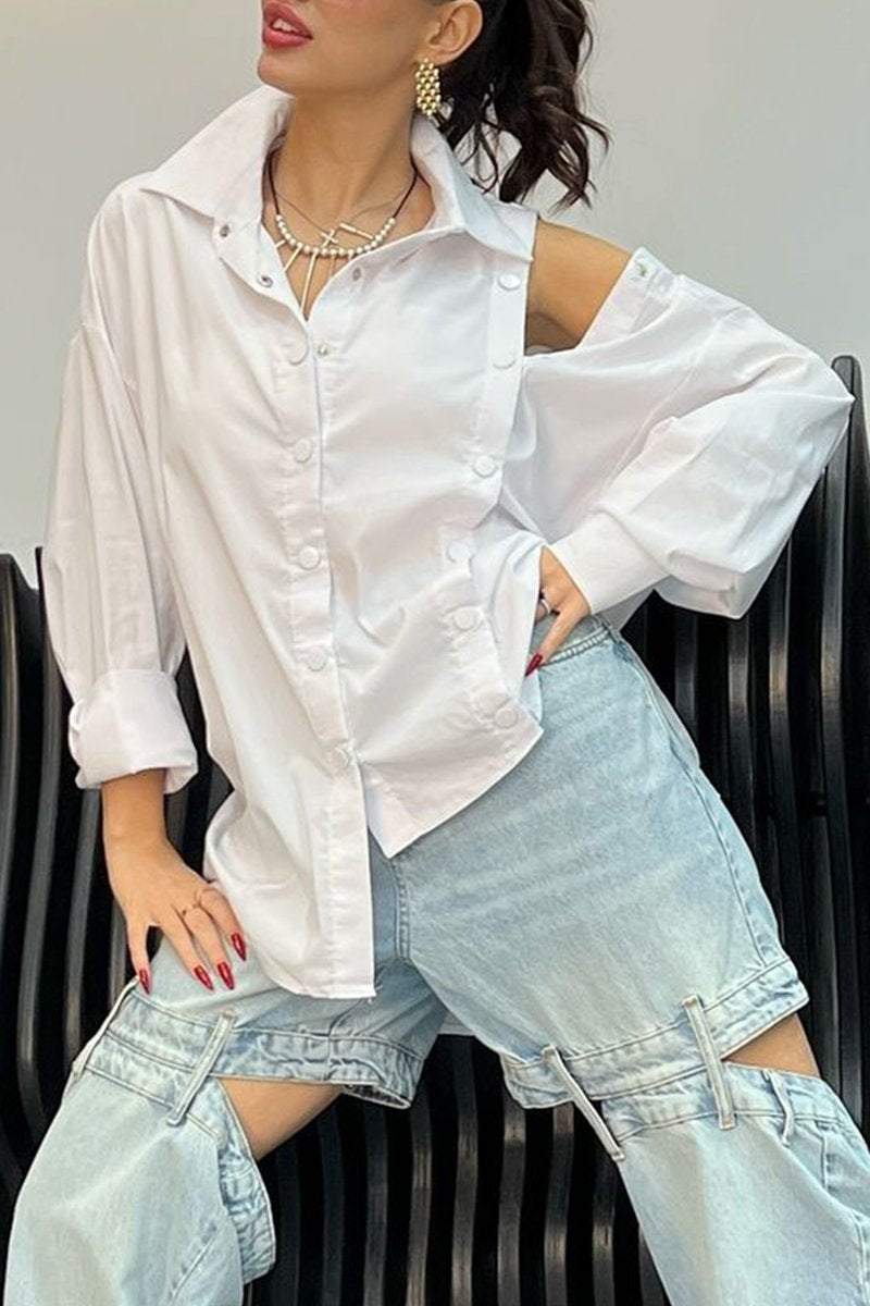 Women's Casual Lapel Solid Color Double-breasted Shirt