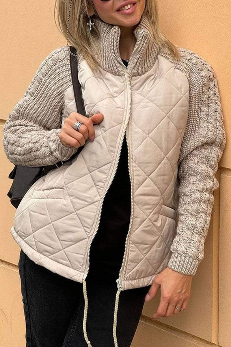 Women's Casual Solid Color Knitted Patchwork Zipped Jacket