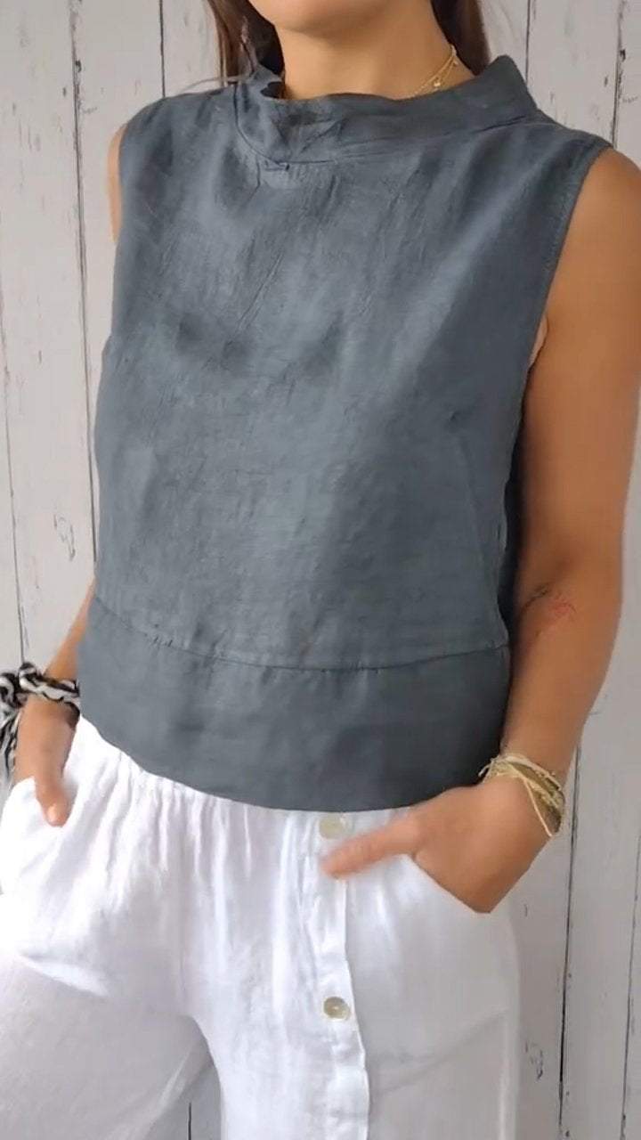 Stand Collar Sleeveless Cotton and Linen Top