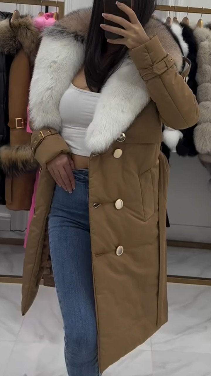 Women's Fur Buttoned Long Coat with Large Lapel