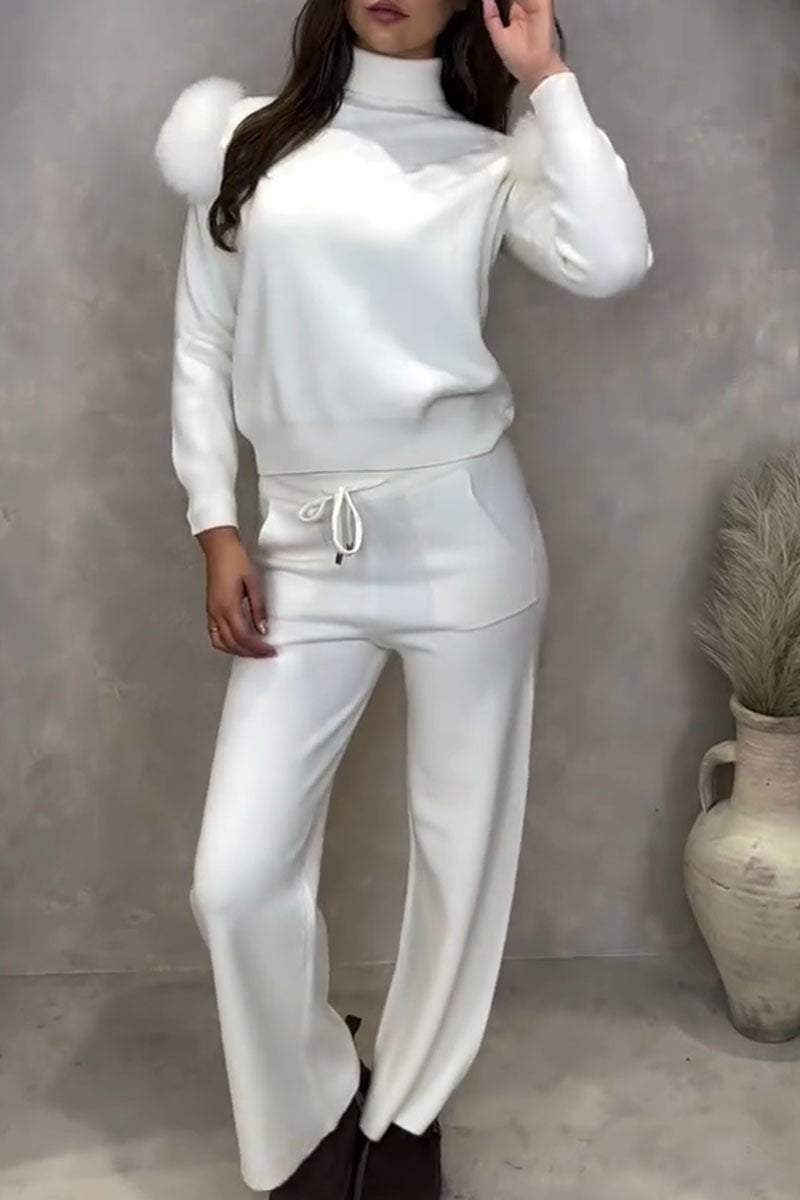 Casual Solid Color Knitted Long-sleeved Two-piece Set