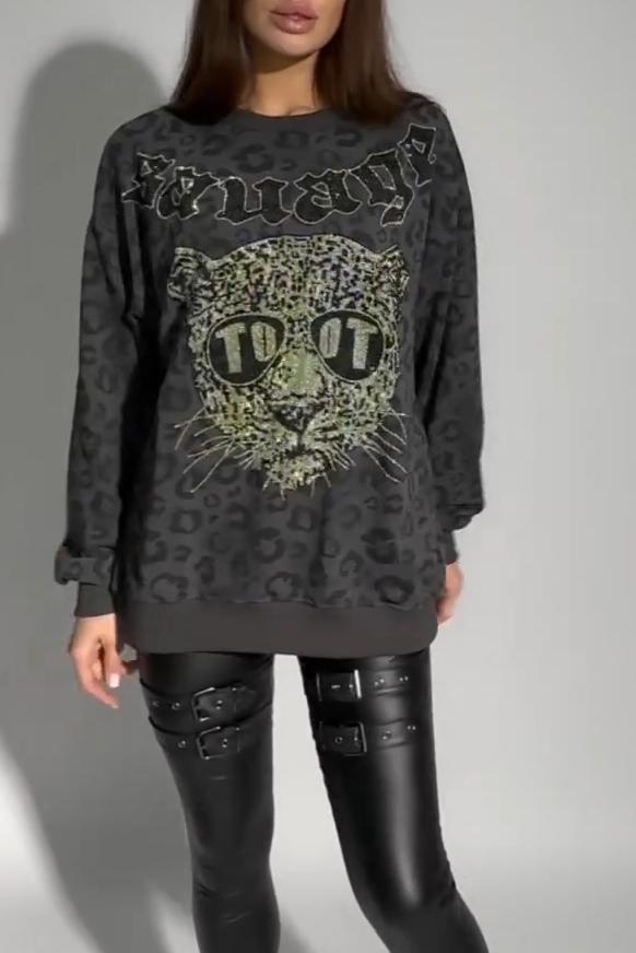 Women's Casual Leopard Print Animal Letter Hot Diamond Print Top