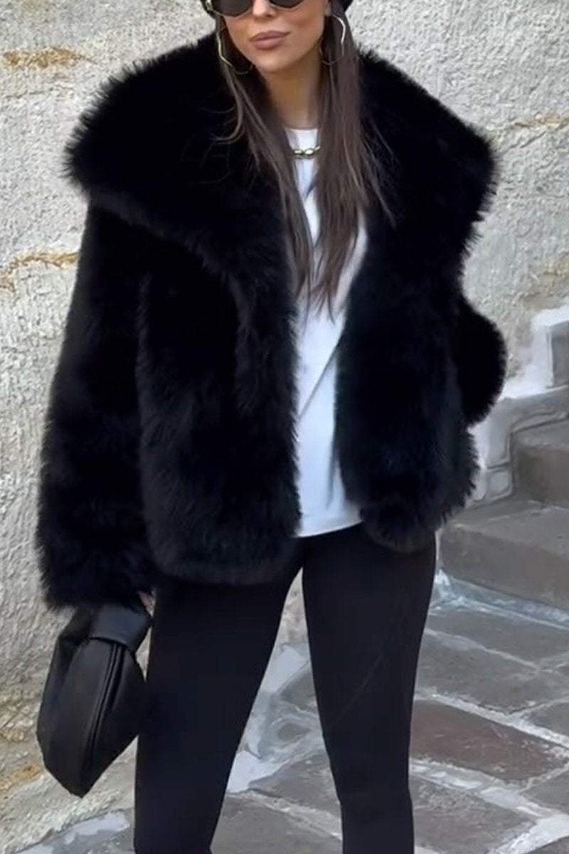 Women's Fashion Lapel Solid Color Faux Fur Winter Coat