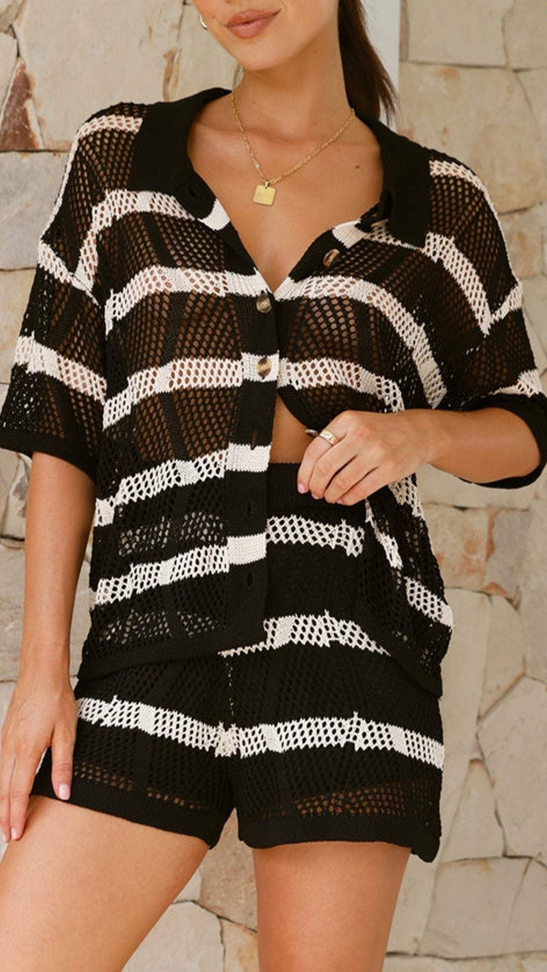 Women's Lapel Short Sleeved Hollowed Out Striped Casual Suit