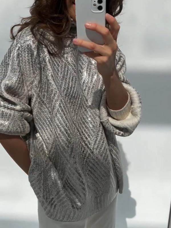 Women's High Collar Knitted Silver-stamped Casual Sweater