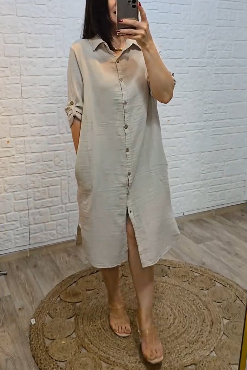 Women's casual cotton and linen V-neck pocket button dress