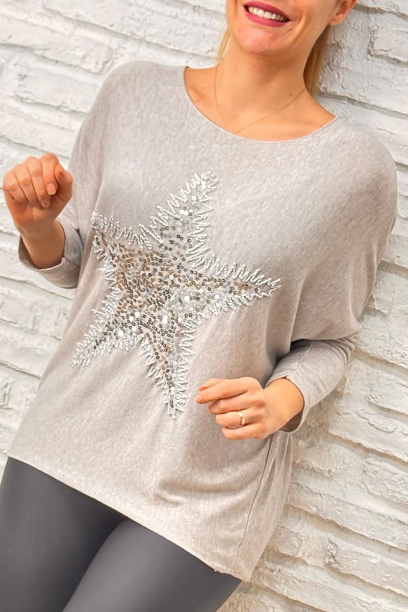 Women's casual with sequins and stars round neck T-shirt