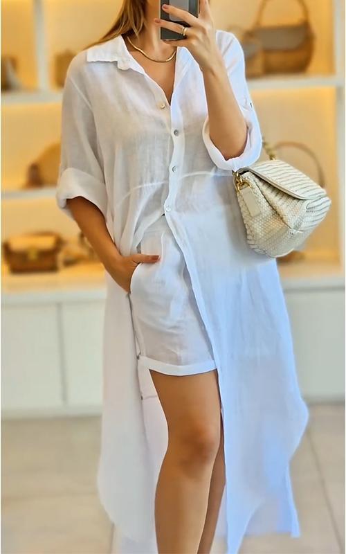 Casual Lapel Long Top and Shorts Two-piece Suit