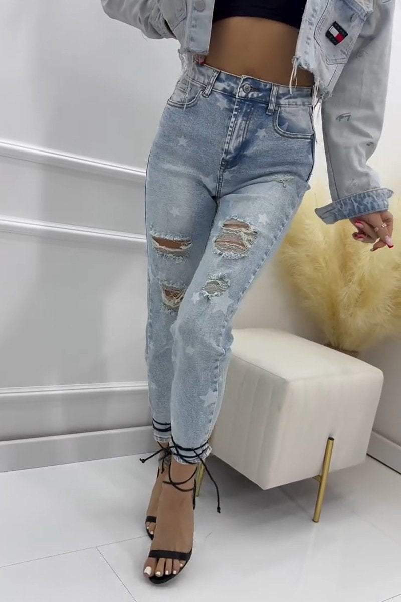 Women's Nine-point Ripped High Waist Jeans