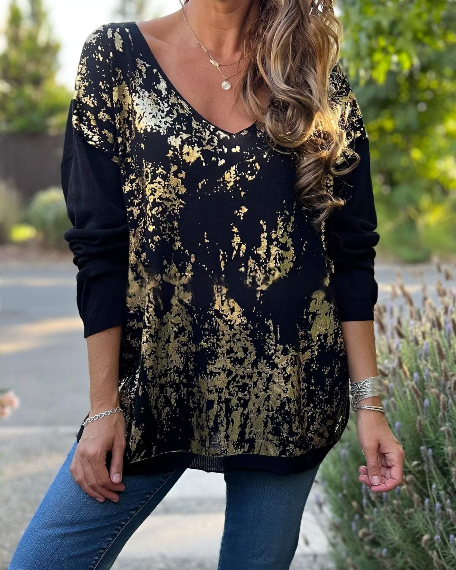 Women's V-neck Long Sleeve Hot Gold Casual Top