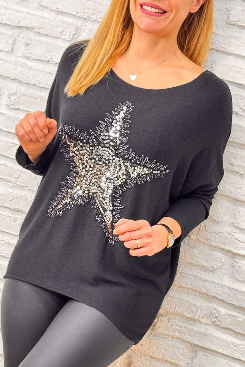 Women's casual with sequins and stars round neck T-shirt