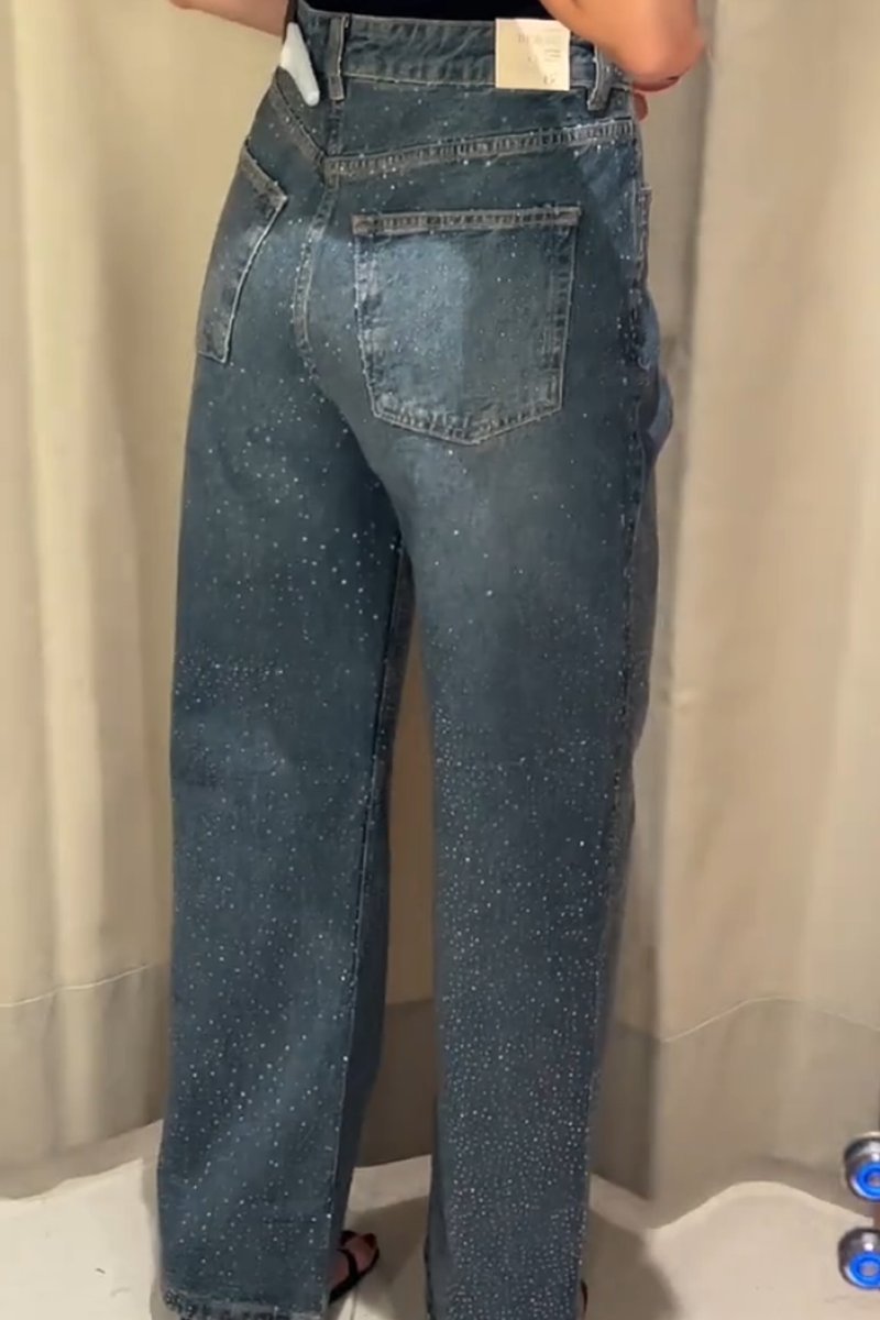 Women's Elegant High-end Diamond Denim Wide-leg Pants