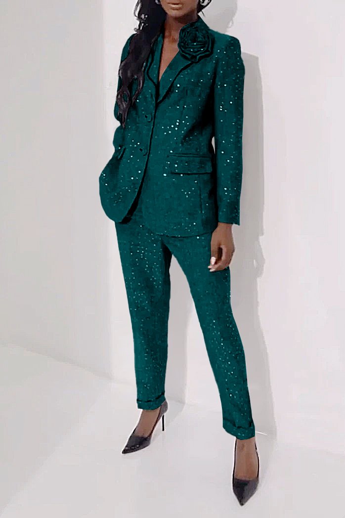 Women's Casual Sequined Shiny Slim Pants Two-piece Suit