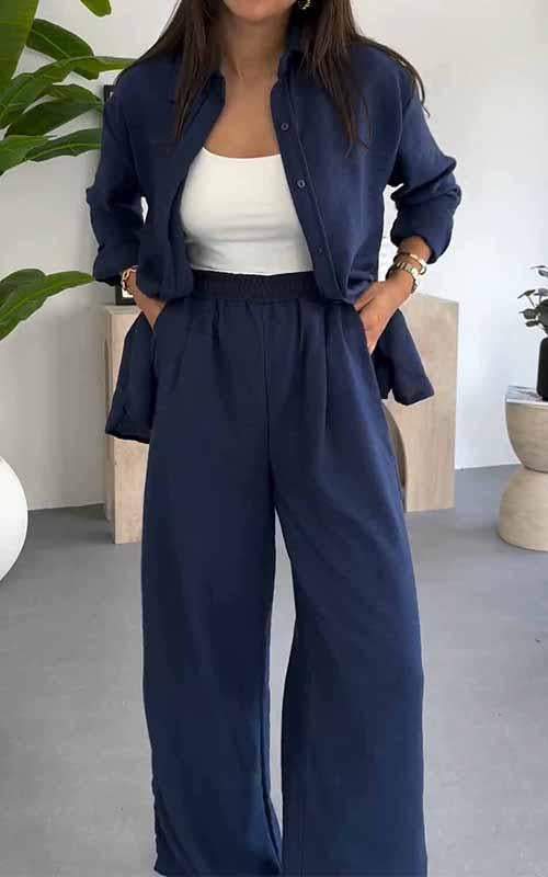 Women's Lapel Single Breasted Shirt Paired with Long Pants Two Piece Suit