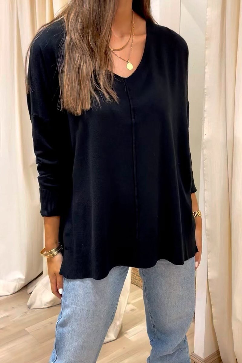 Women's Casual Loose Solid Color V-Neck Irregular Hem Sweater