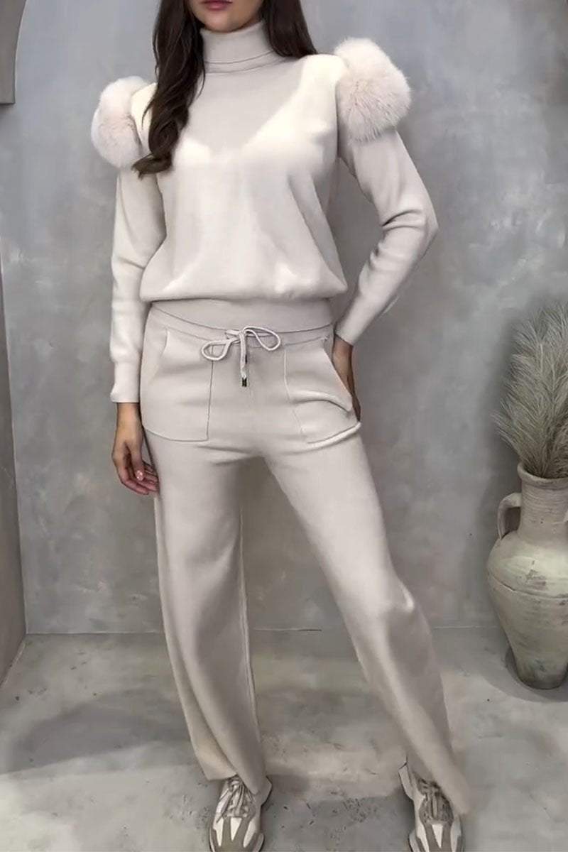 Casual Solid Color Knitted Long-sleeved Two-piece Set