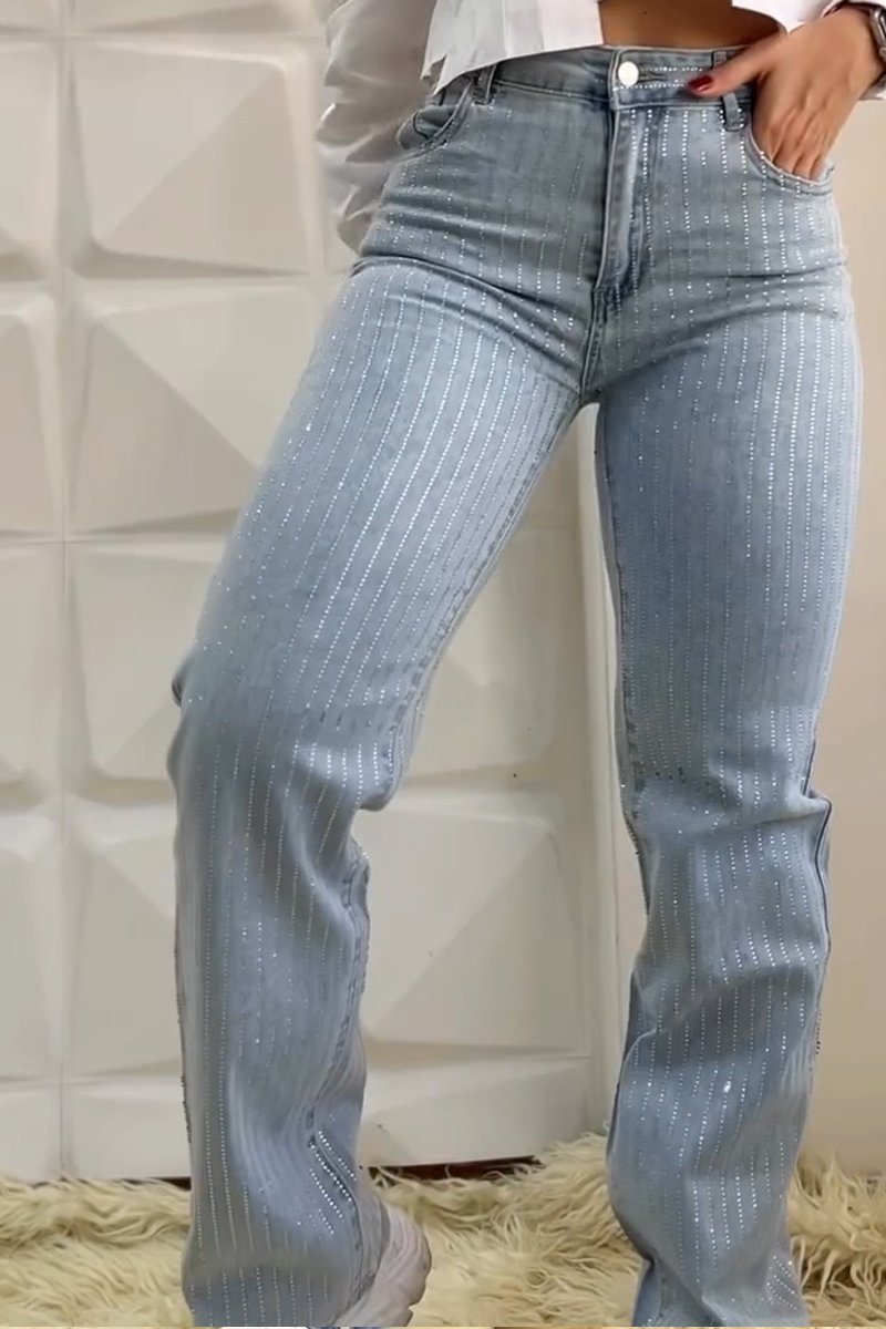 Women's Fashion Striped Diamond Embellished Jeans