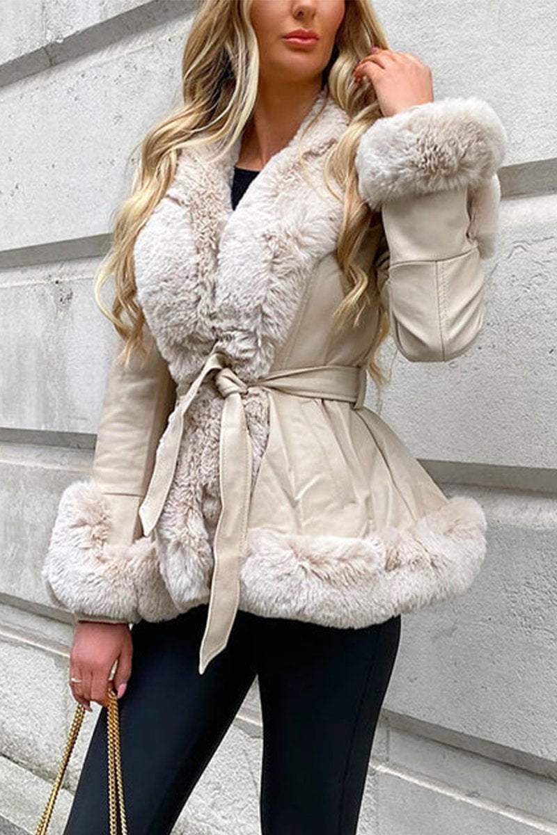 Women's V-neck Fur Patchwork Leather Jacket