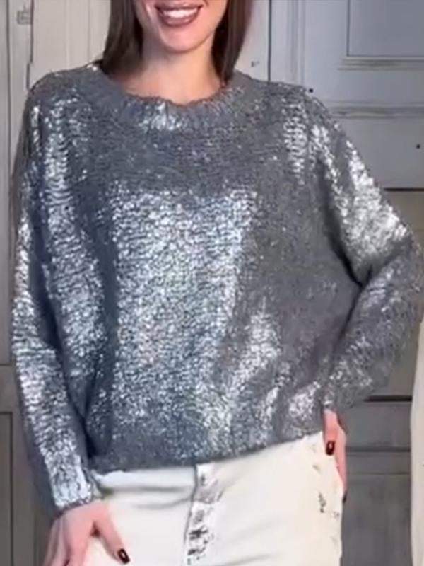 Women's Round Neck Long Sleeve Silver Hot Casual Sweater