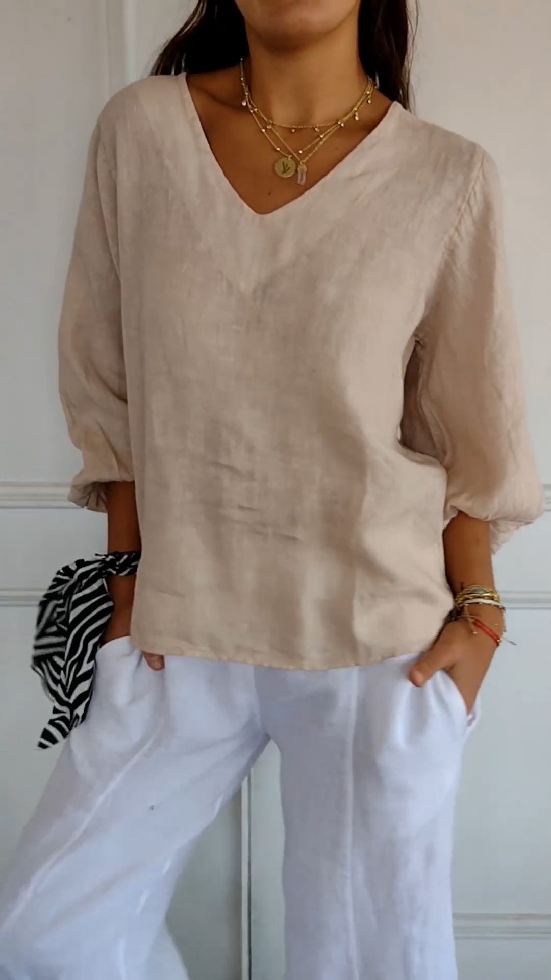 Lantern Sleeve Design Cotton and Linen Shirt