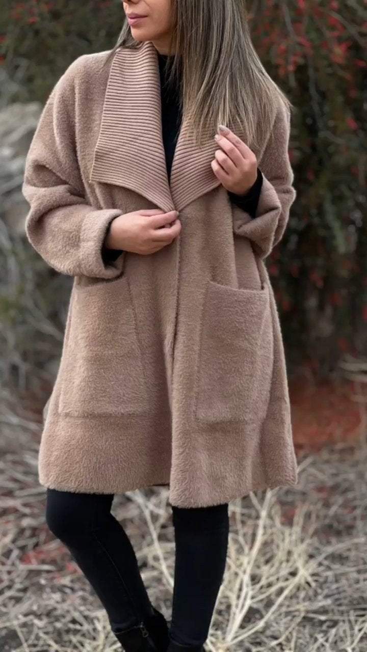 Women's Lapel Knitted Furry Sleeve Casual Long Coat