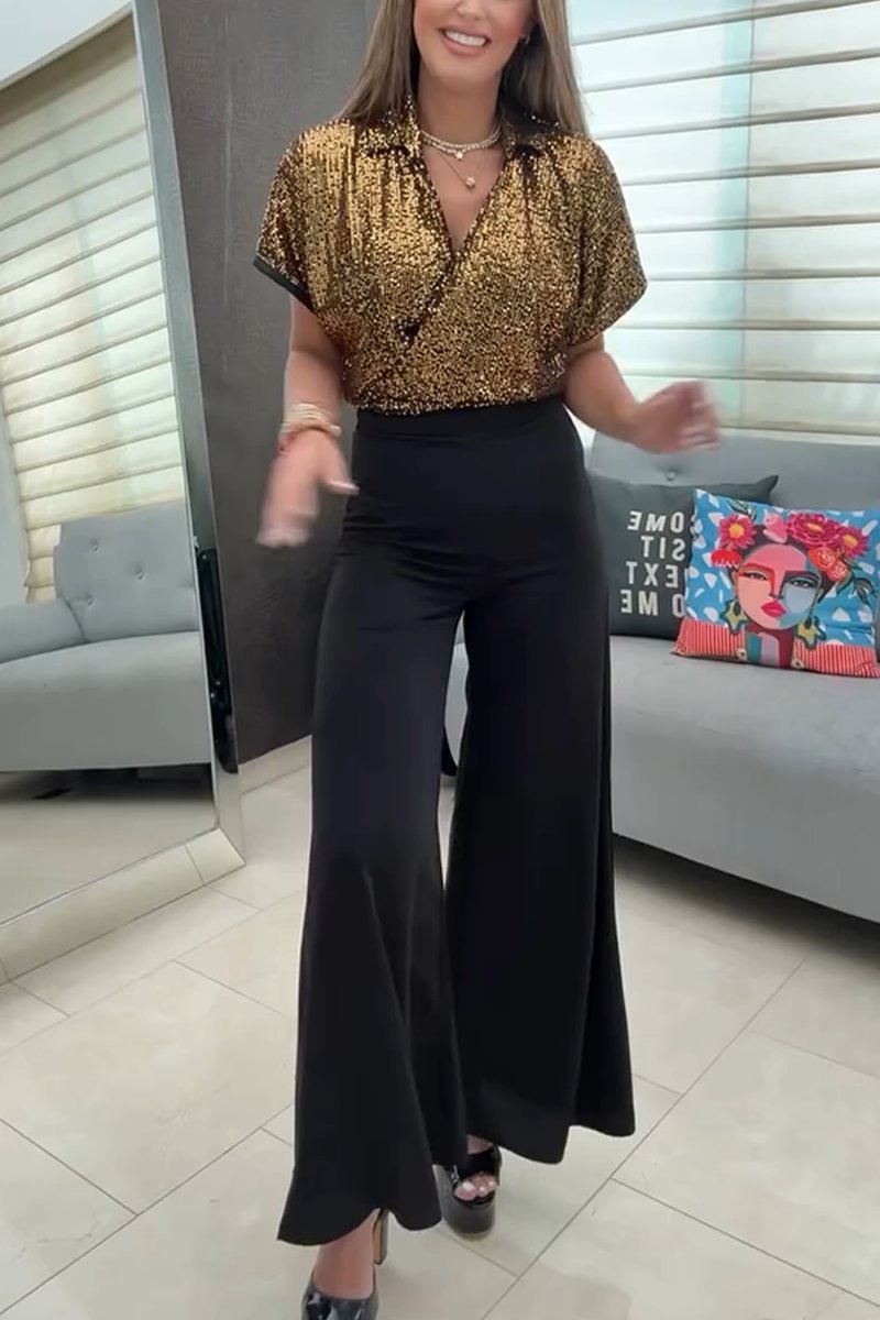 Women's Elegant Cross-neck Sequined Top And Wide-leg Pants Suit