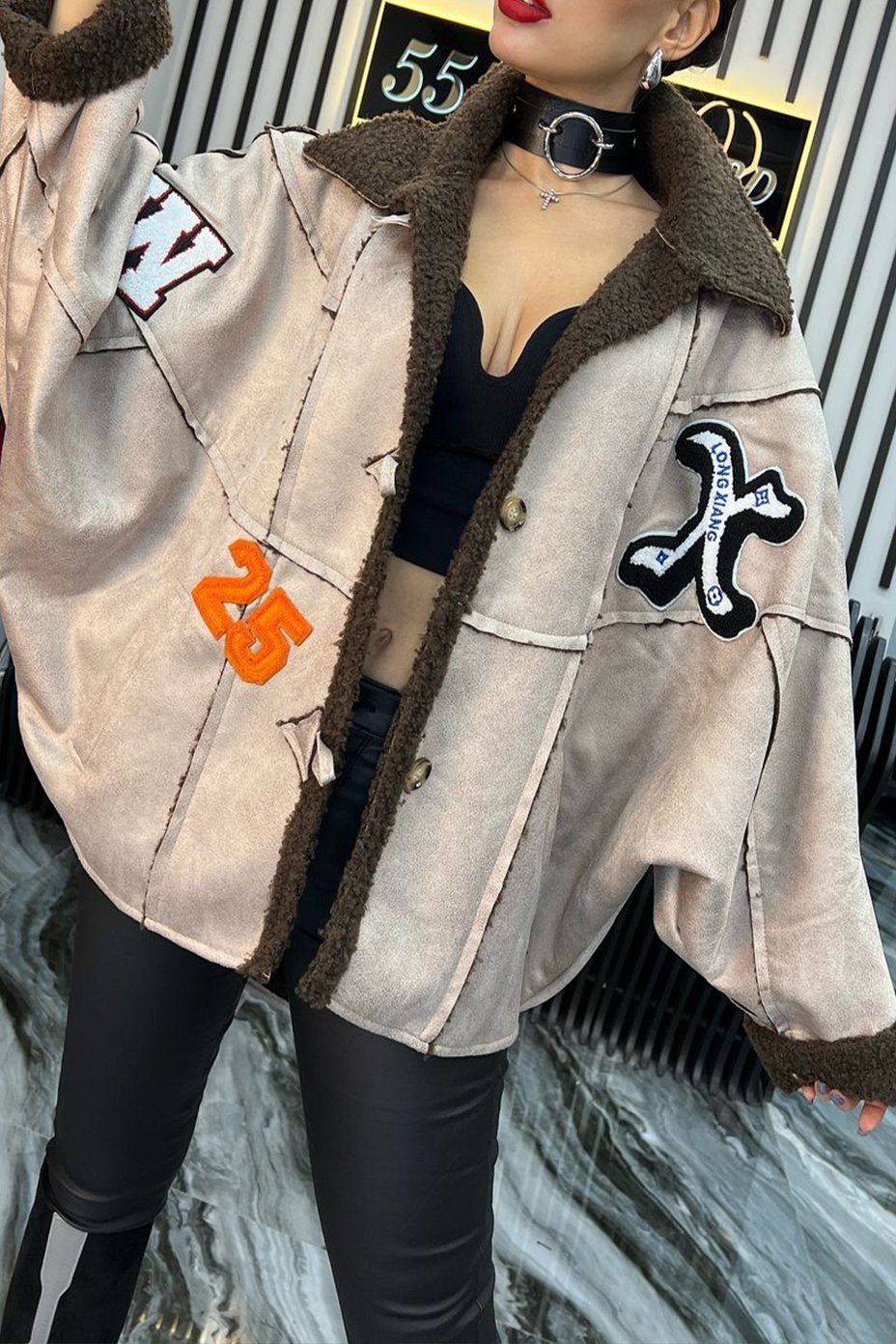 Women's Casual Warm Sherpa Contrast Letter Print Jacket