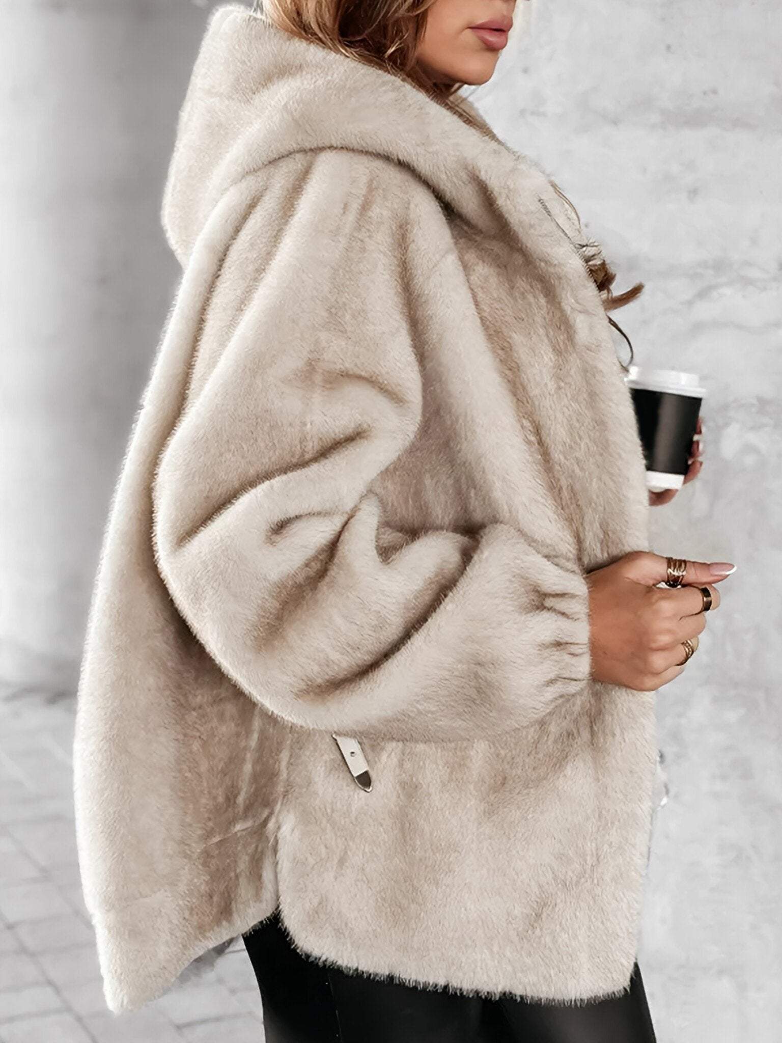 Women's Hooded Long Sleeve Furry Autumn and Winter Coat